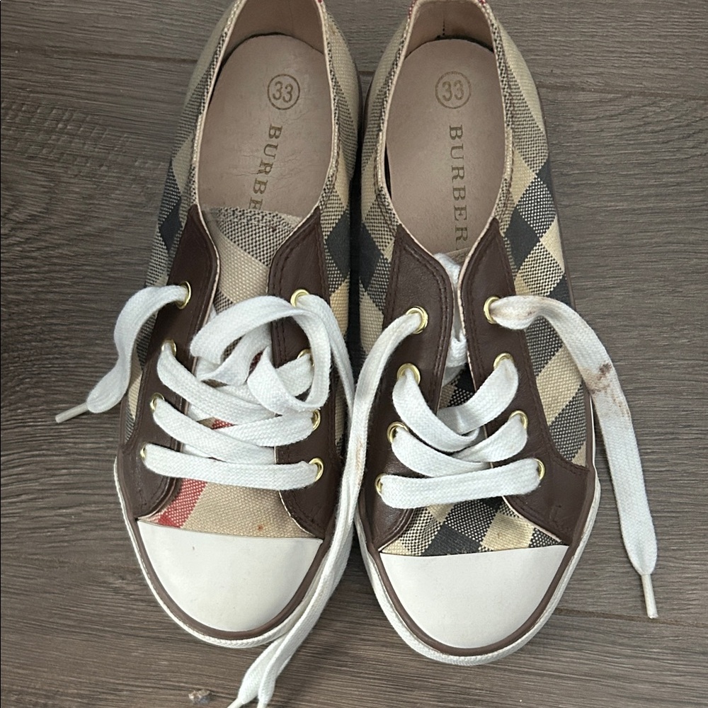 Burberry Kid's Checkered Sneakers - Cream, Brown, and White